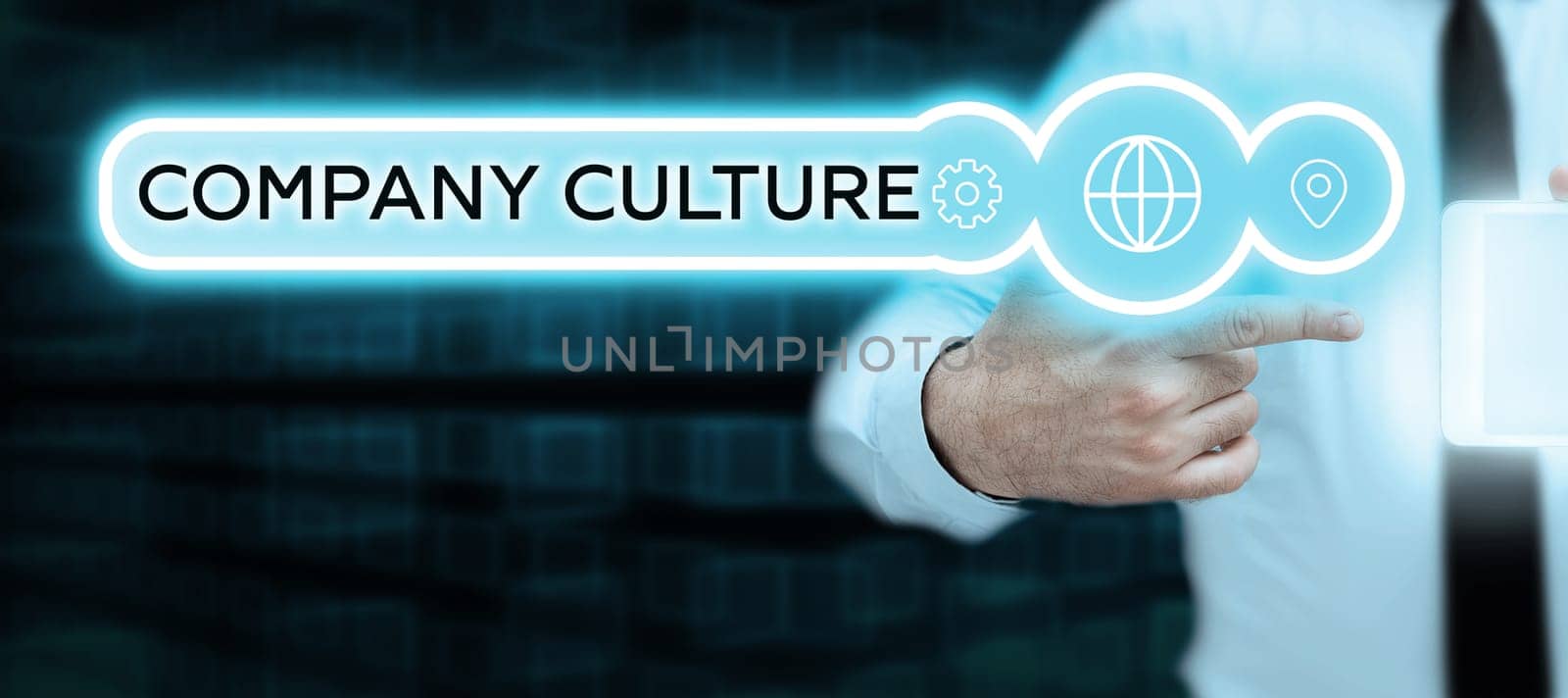 Conceptual caption Company Culture, Business approach The environment and elements in which employees work