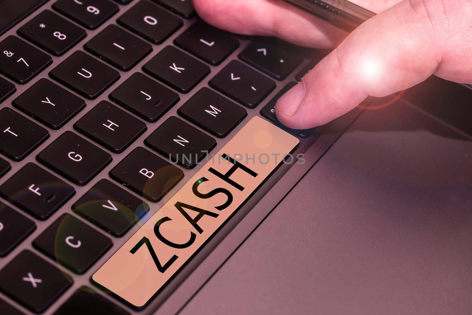 Writing displaying text Zcash, Internet Concept cryptocurrency with decentralized blockchain that provides anonymity