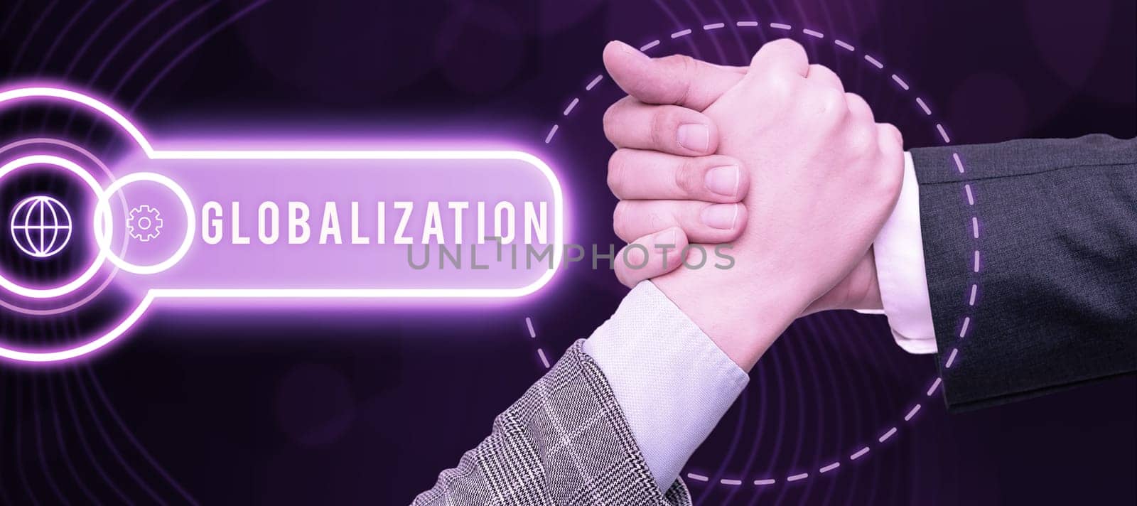 Writing displaying text Globalization, Word Written on development of an increasingly integrated global economy marked