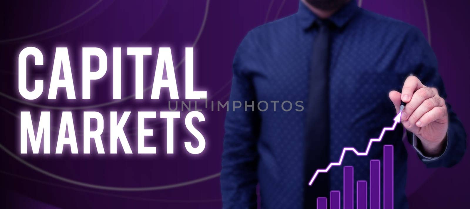 Hand writing sign Capital Markets, Business concept Allow businesses to raise funds by providing market security