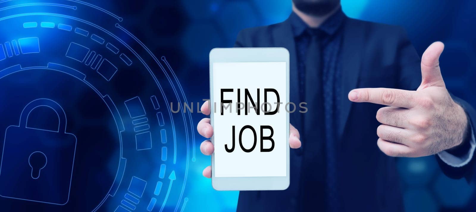 Text caption presenting Find Job, Concept meaning An act of person to find or search work suited for his profession
