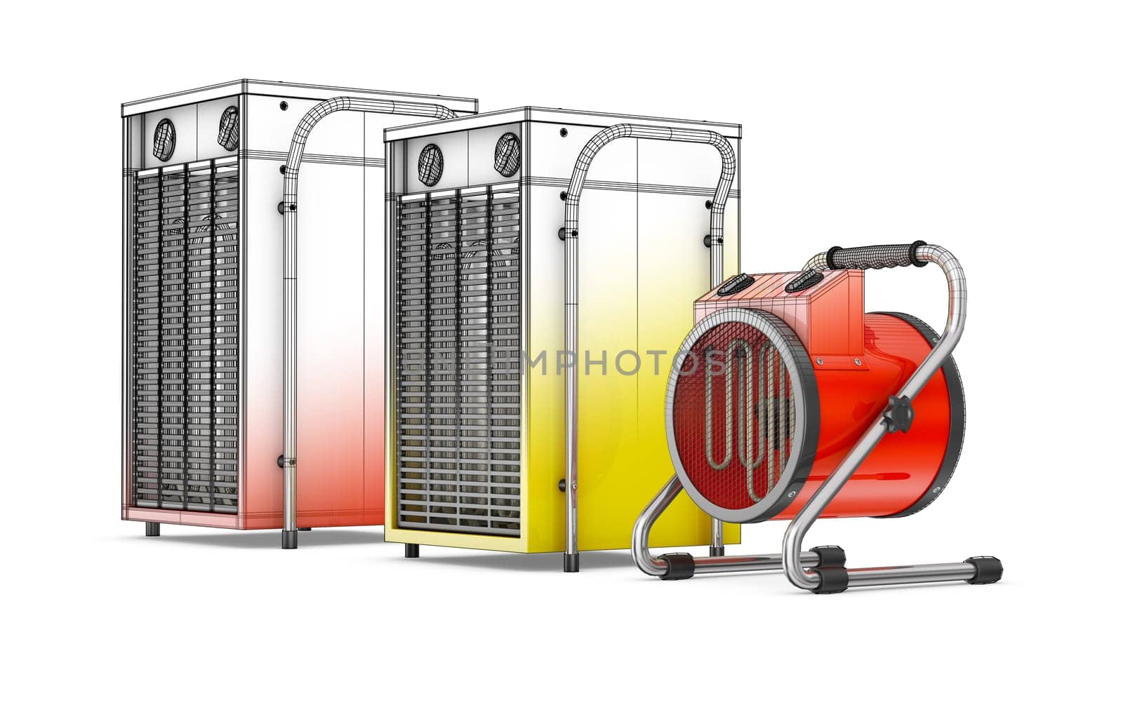 Industrial heat fans on a white background. 3d rendering.