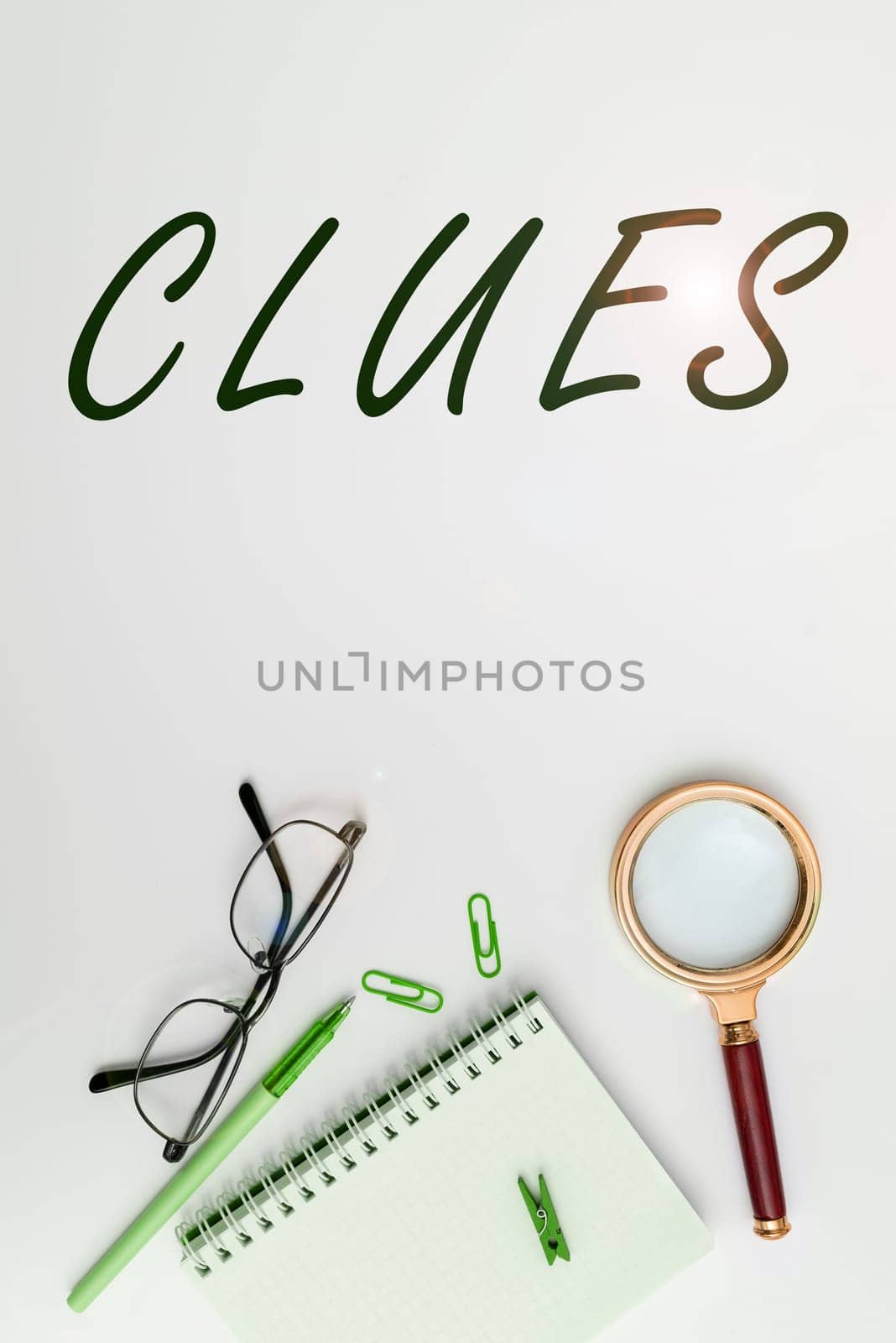 Conceptual caption Clues, Business showcase Piece of evidence information Fact Idea that serves as a guide