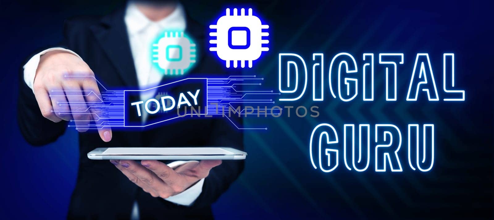 Writing displaying text Digital Guru, Word for teacher and intellectual guide in matters of fundamental concern of electronics