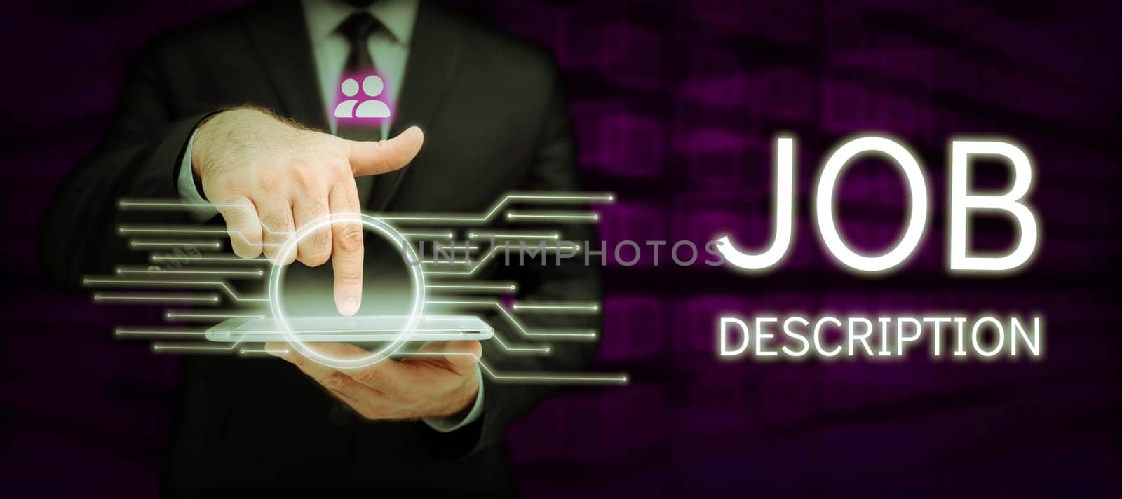Conceptual caption Job Description, Business idea A document that describes the responsibilities of a position