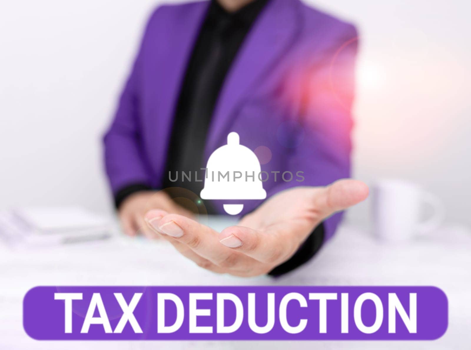Handwriting text Tax Deduction, Business idea amount subtracted from income before calculating tax owe