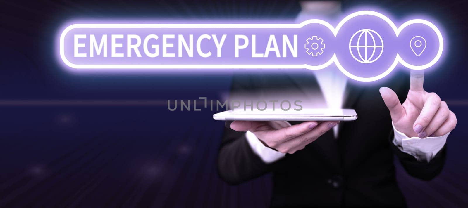 Text caption presenting Emergency Plan, Business concept Procedures for response to major emergencies Be prepared