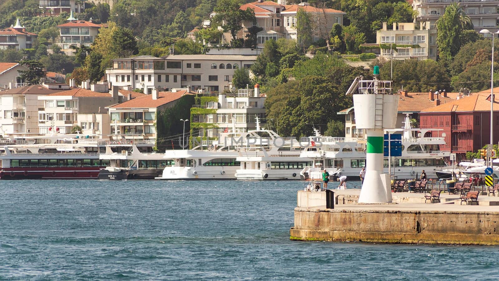 Istanbul, Turkey - August 29, 2022: View from the sea of the green mountains of the Europian side of Bosphorus strait, with docked boats, traditional houses and dense trees in a summer day