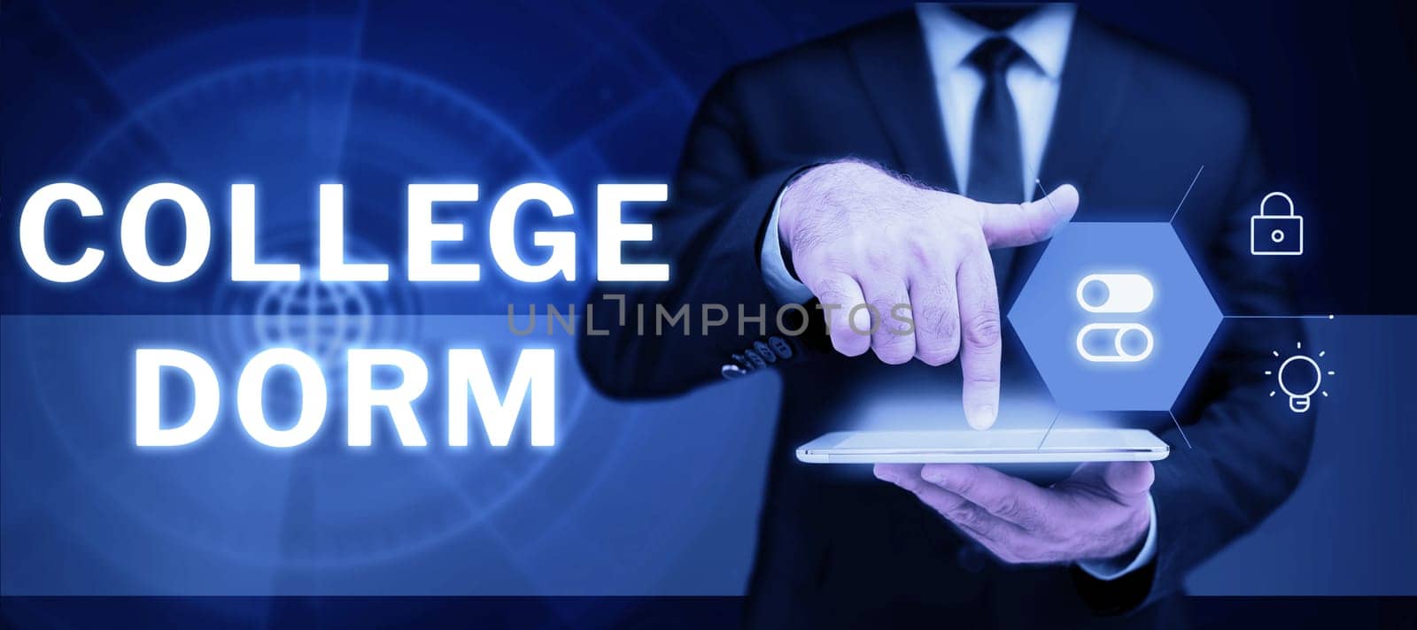 Sign displaying College Dorm, Word Written on residence hall providing rooms for college individuals or for groups of students