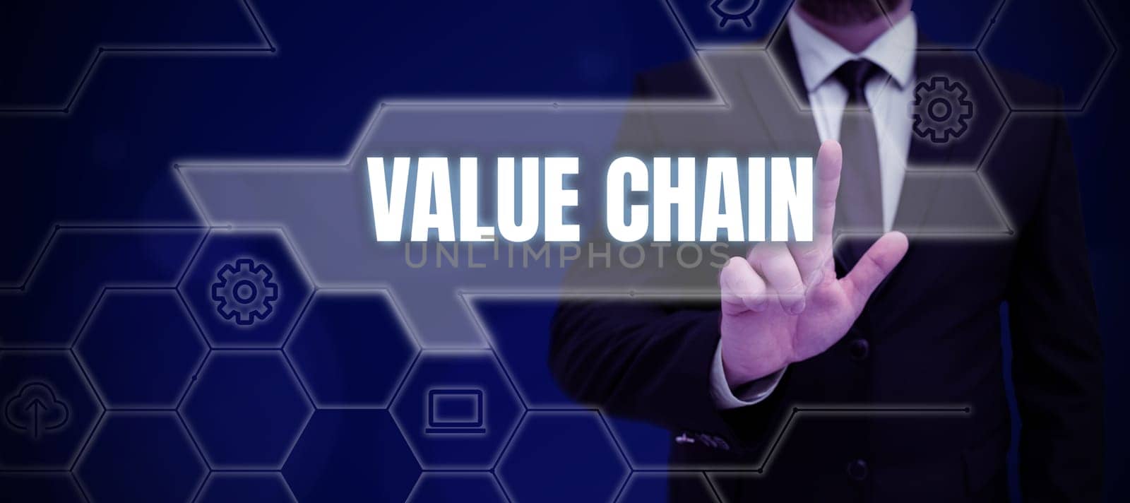 Text sign showing Value Chain, Conceptual photo Business manufacturing process Industry development analysis