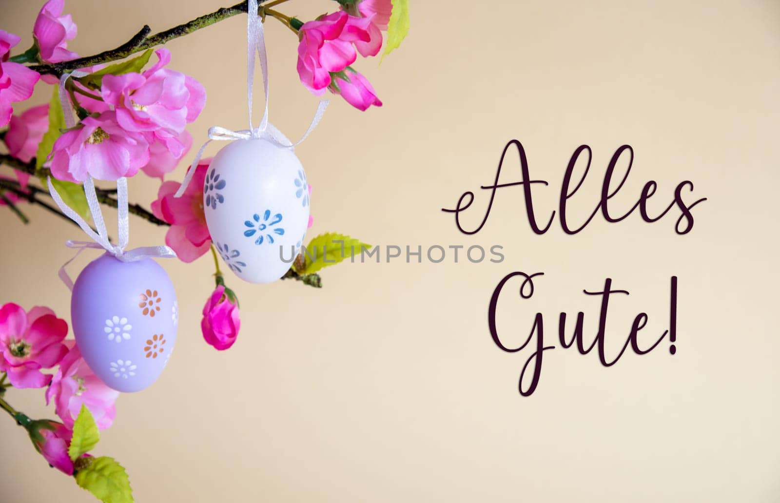 Beautiful Easter Egg Decoration With Spring Flowers. German Text Alles Gute Means Best Wishes. Seasonal Easter Holiday Greeting Card.