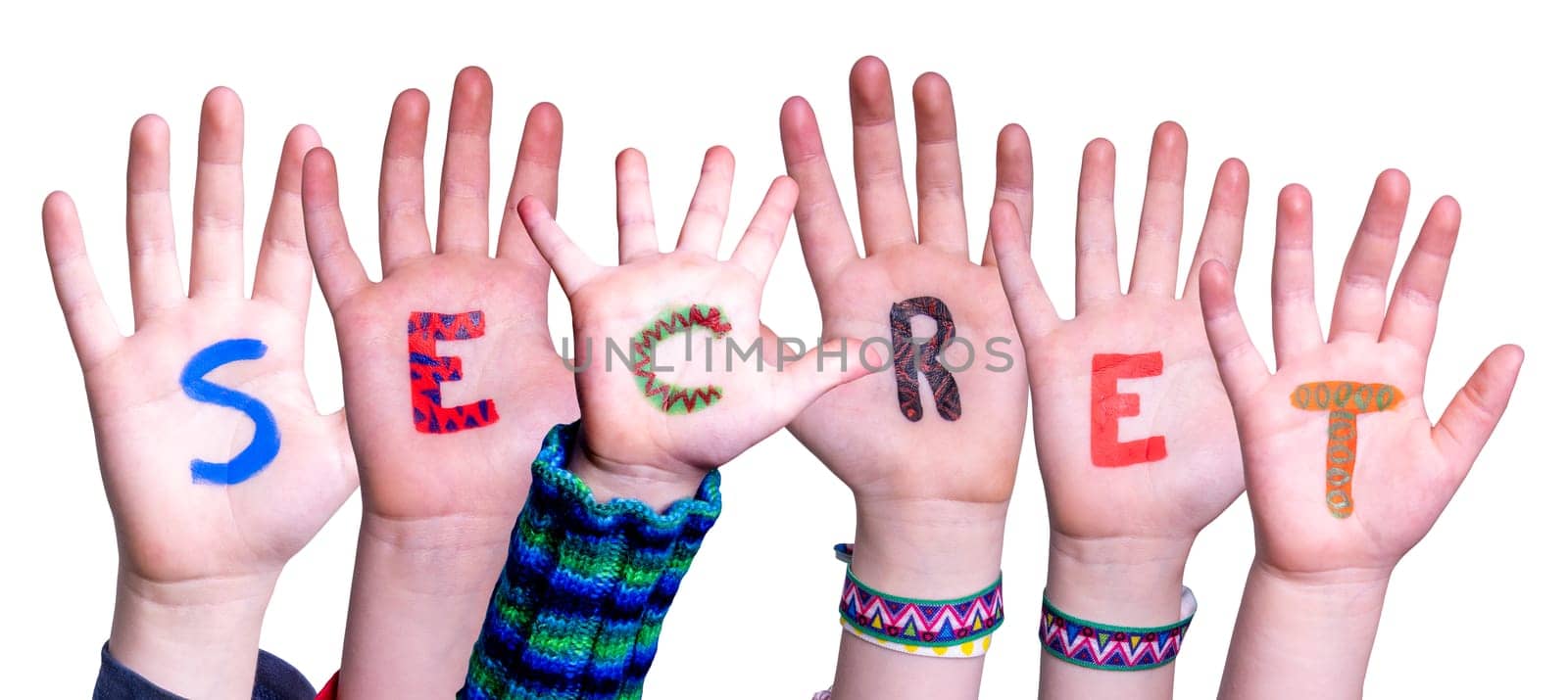 Children Hands Building Colorful English Word Secret. Isolated White Background.