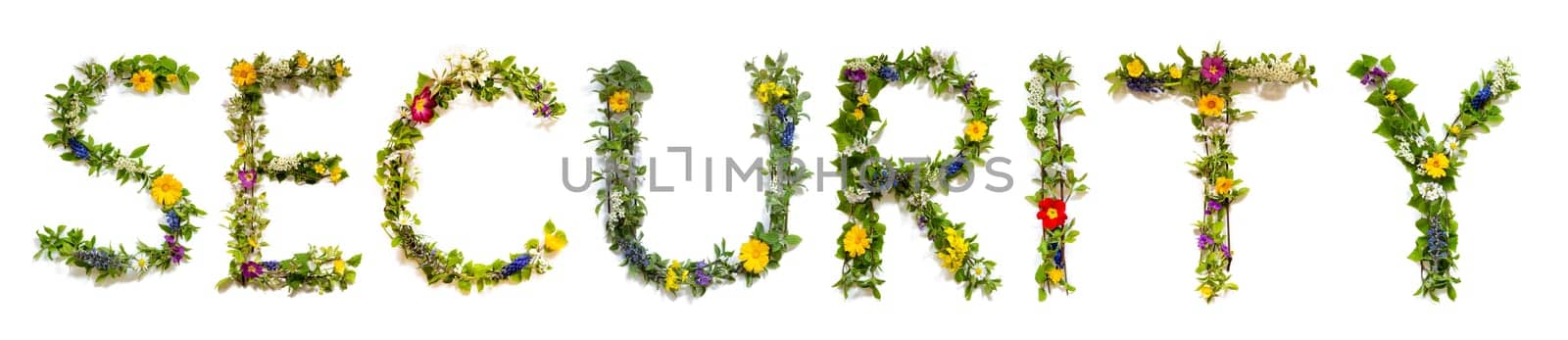 Blooming Flower Letters Building English Word Security. Summer And Spring Season Blossoms And Flower Lei.