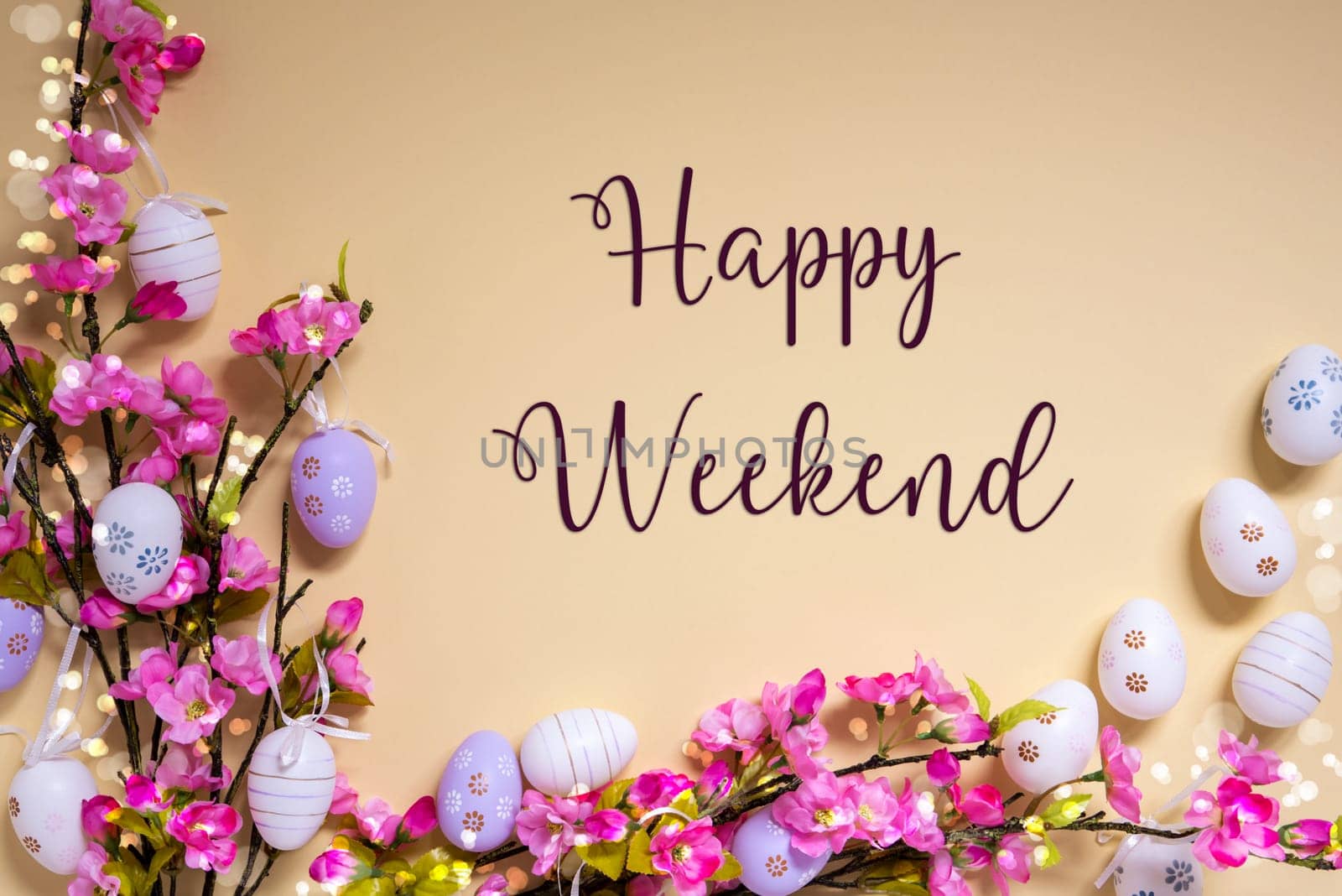 English Text Happy Weekend On Beige Background. Pink And Purple, Shiny And Bright Spring Flower Arrangement With Easter Egg Decoration.