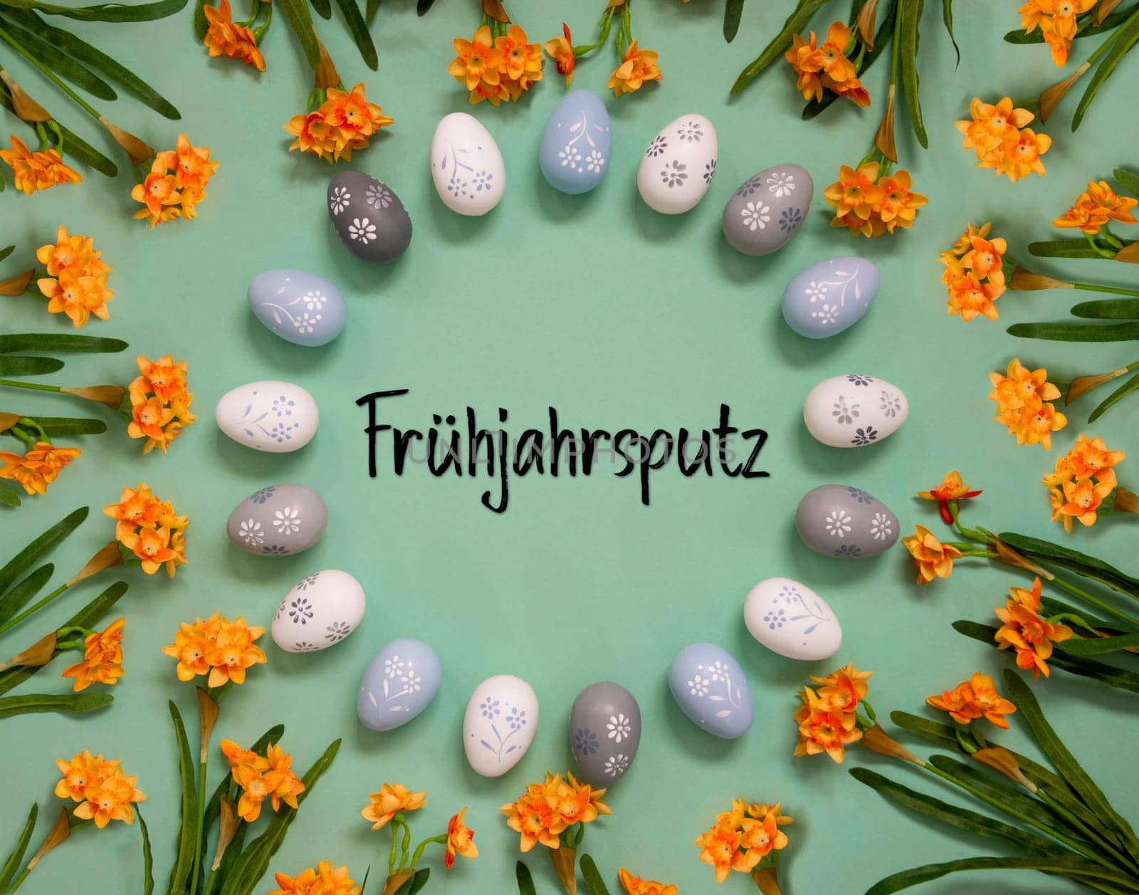 Flat Lay With German Text Fruehjahrsputz Means Spring Cleaning. Easter Egg Decoration With Orange Spring Flowers. Light Green Paper Background.