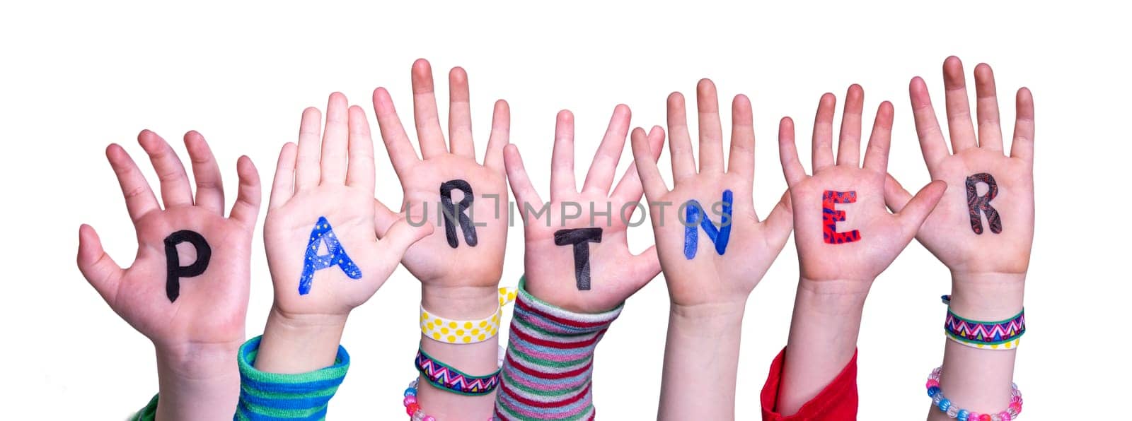 Children Hands Building Colorful English Word Partner. White Isolated Background