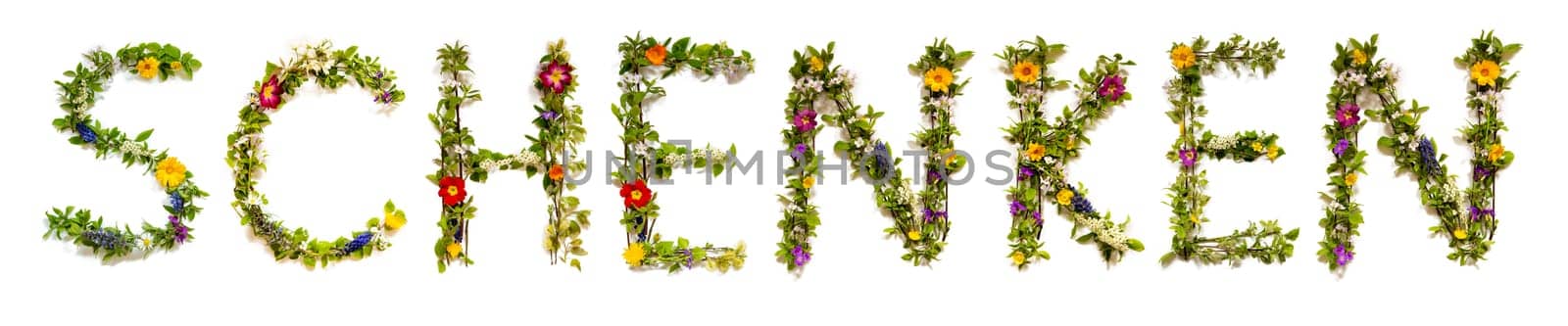 Blooming Flower Letters Building German Word Schenken Means Give. Colorful Spring and Summer Blossoms. White Isolated Background.