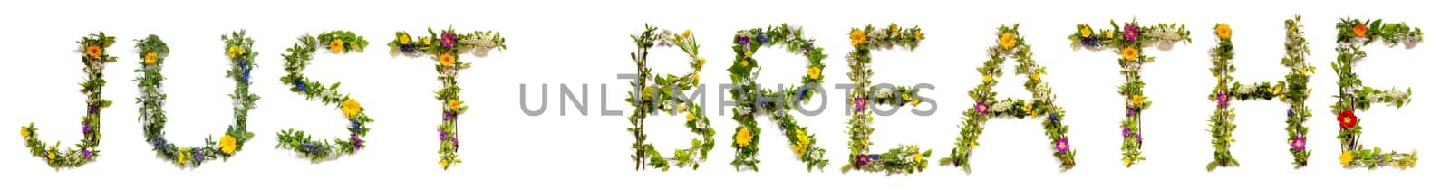 Blooming Flower Letters Building English Word Just Breathe. Colorful Spring and Summer Blossoms. White Isolated Background.