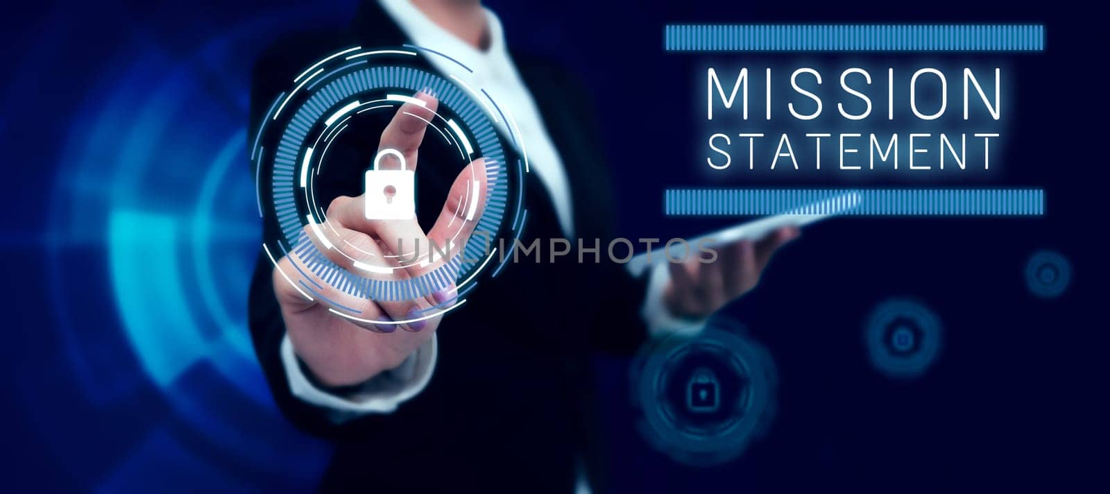 Conceptual display Mission Statement, Word for Formal summary of the aims and values of a company