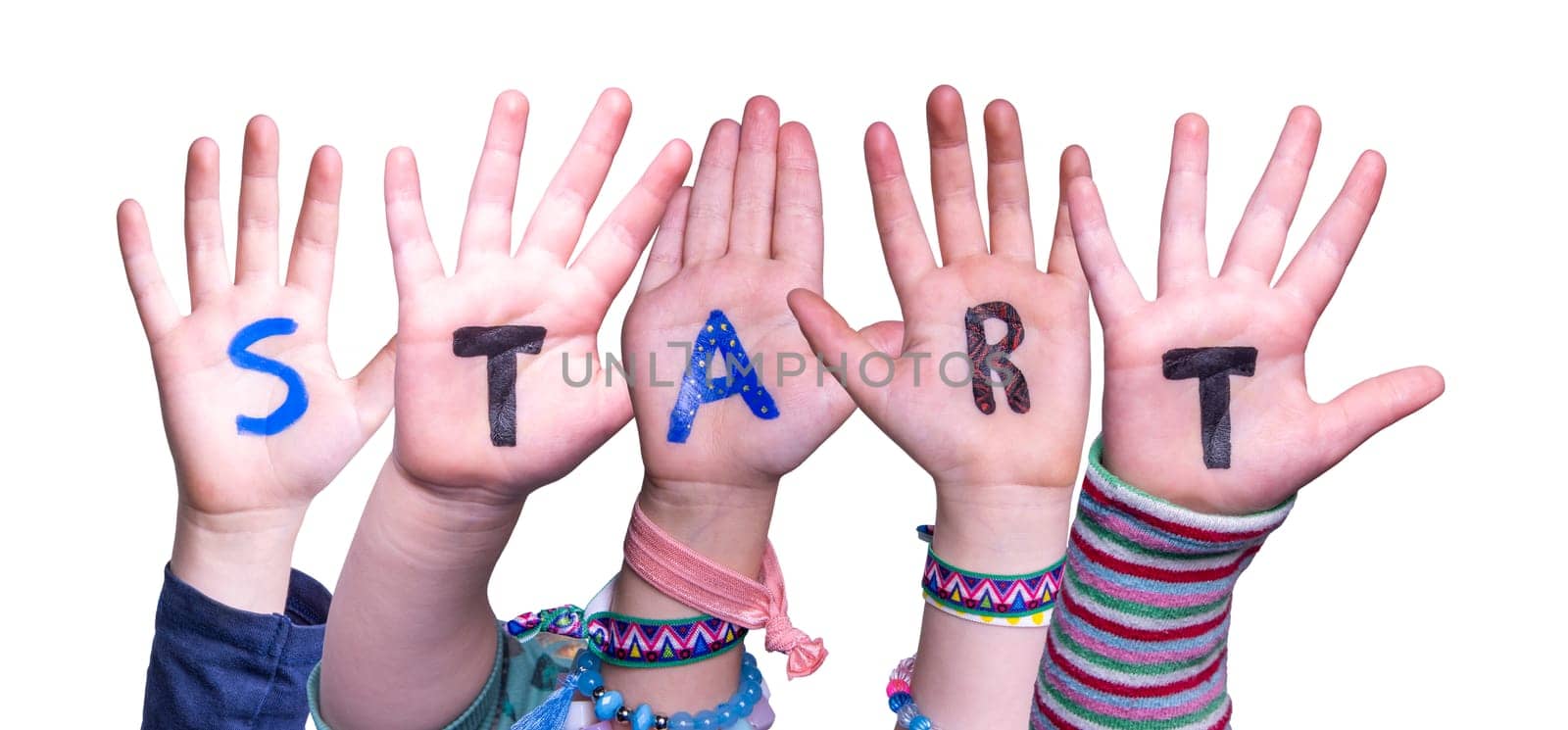 Children Hands Building Colorful English Word Start. Isolated White Background.