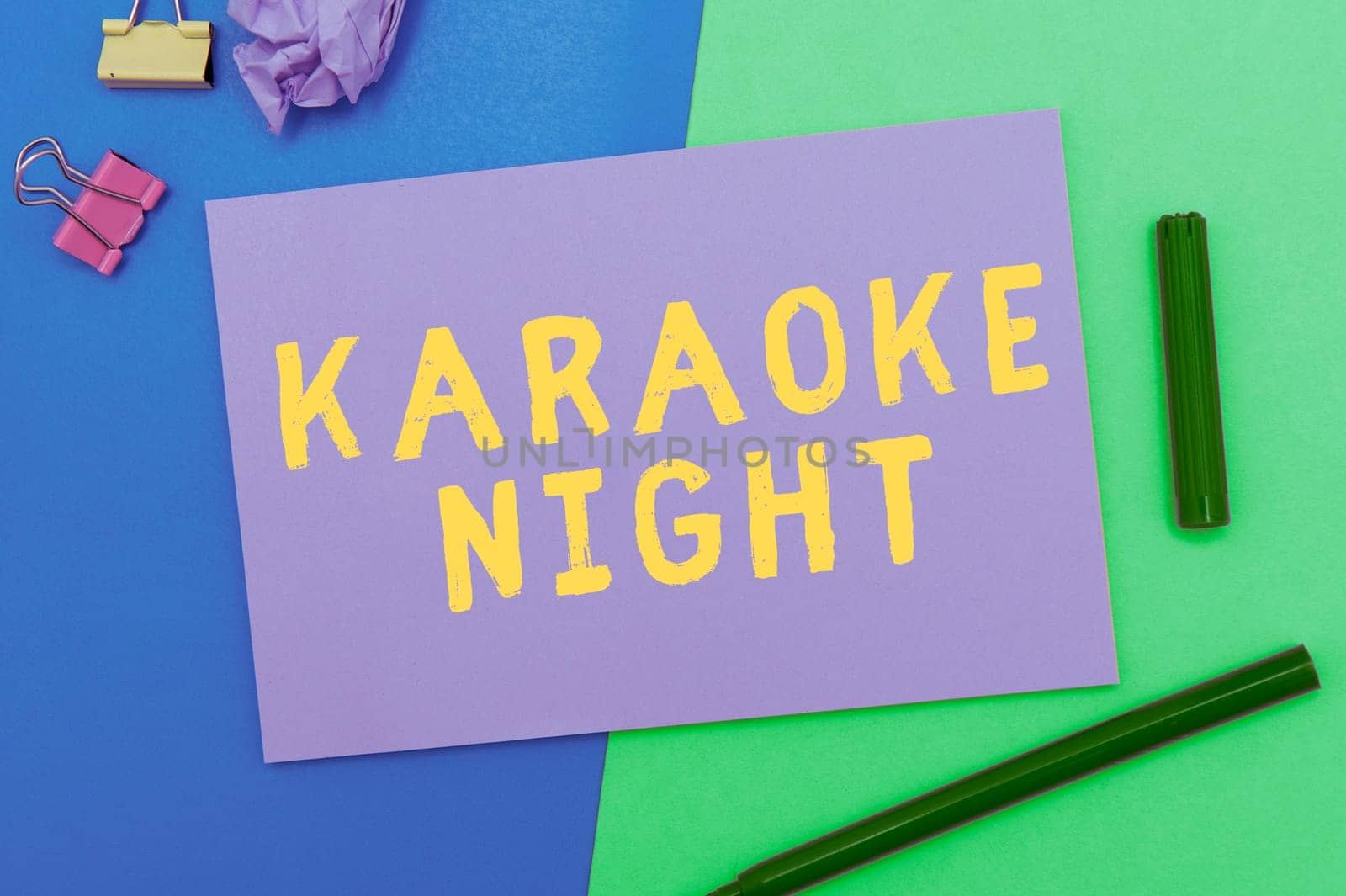 Text caption presenting Karaoke Night, Business concept Entertainment singing along instrumental music played by a machine