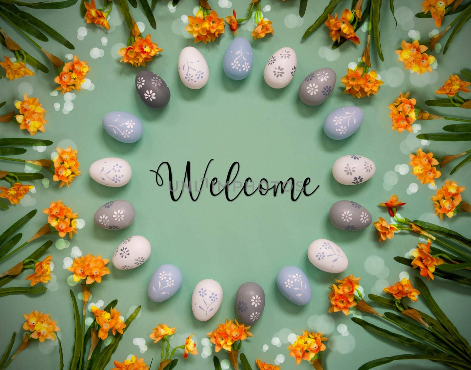 Flat Lay With English Text Welcome. Easter Egg Decoration With Orange Spring Flowers. Light Green Paper Background With Bright And Shiny Light Effect.