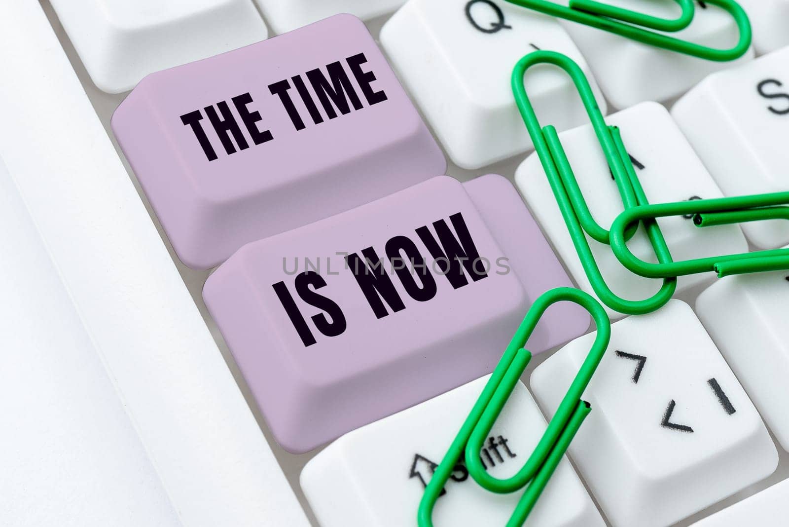 Hand writing sign The Time Is Now, Word Written on encouraging someone to start doing today Dont be late