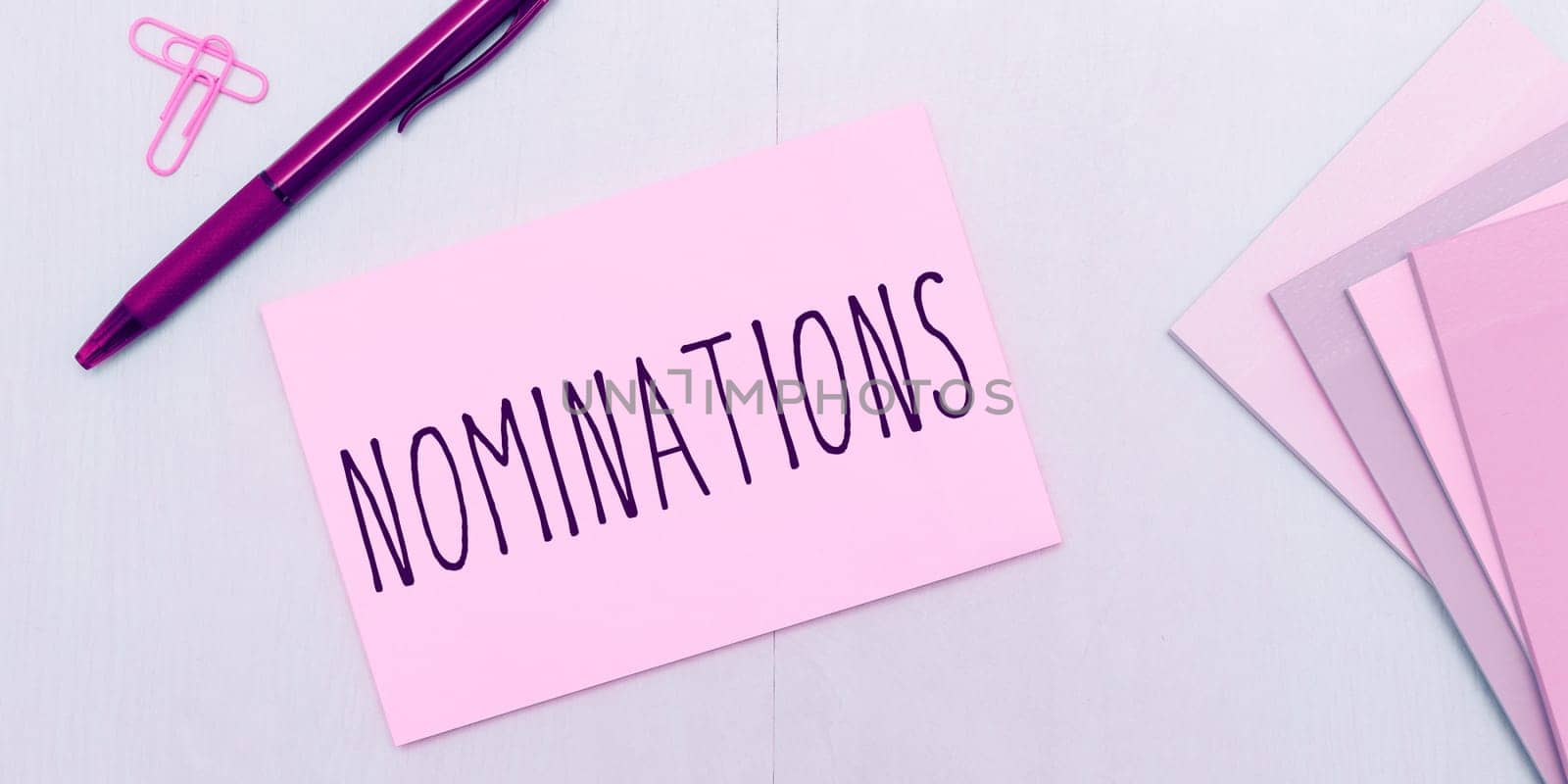 Sign displaying Nominations, Business overview the act of officially suggesting someone for a job or position