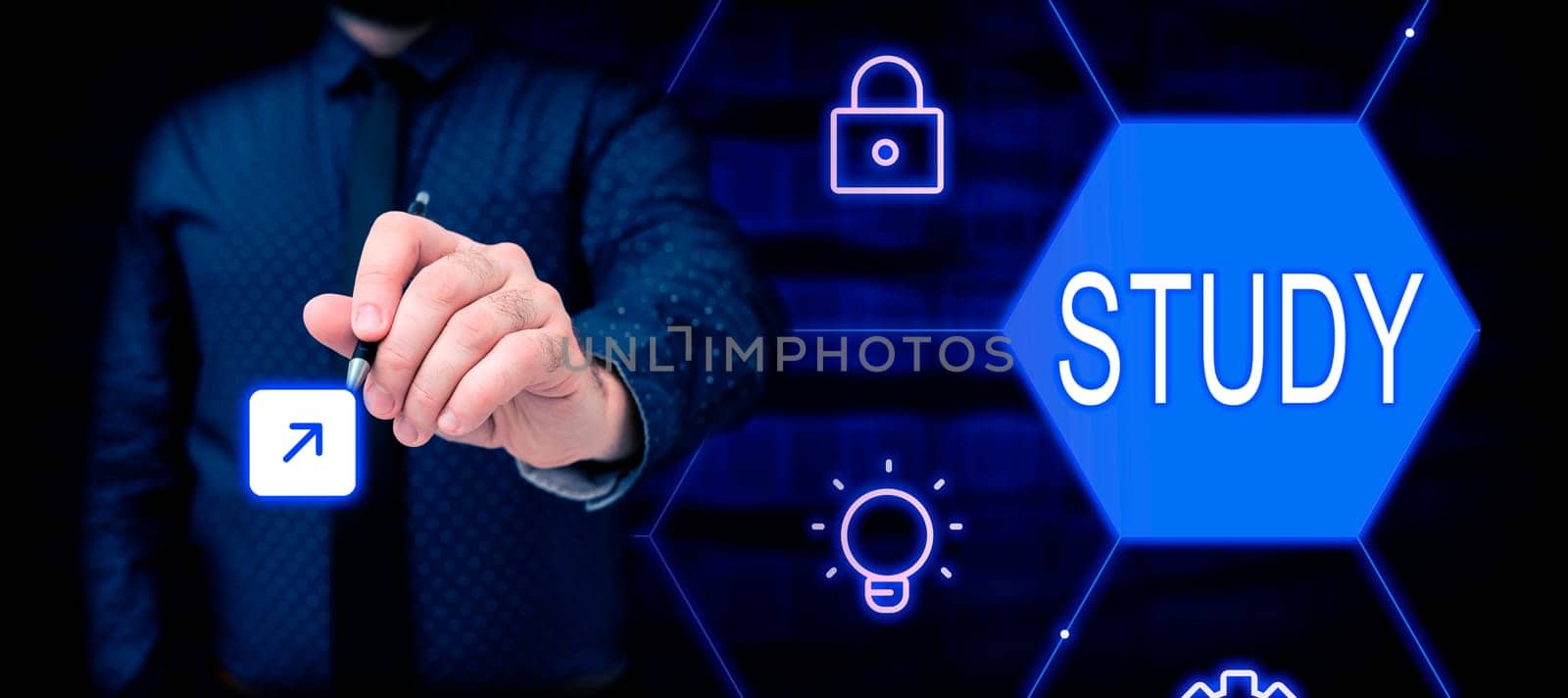 Text caption presenting Study, Business idea devotion of time and attention to gaining knowledge of an academic