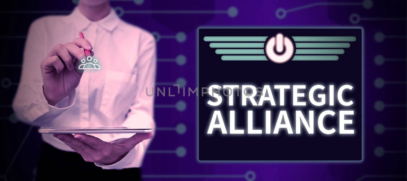 Conceptual display Strategic Alliance, Business approach a bond between states, parties, individuals on goal achievement
