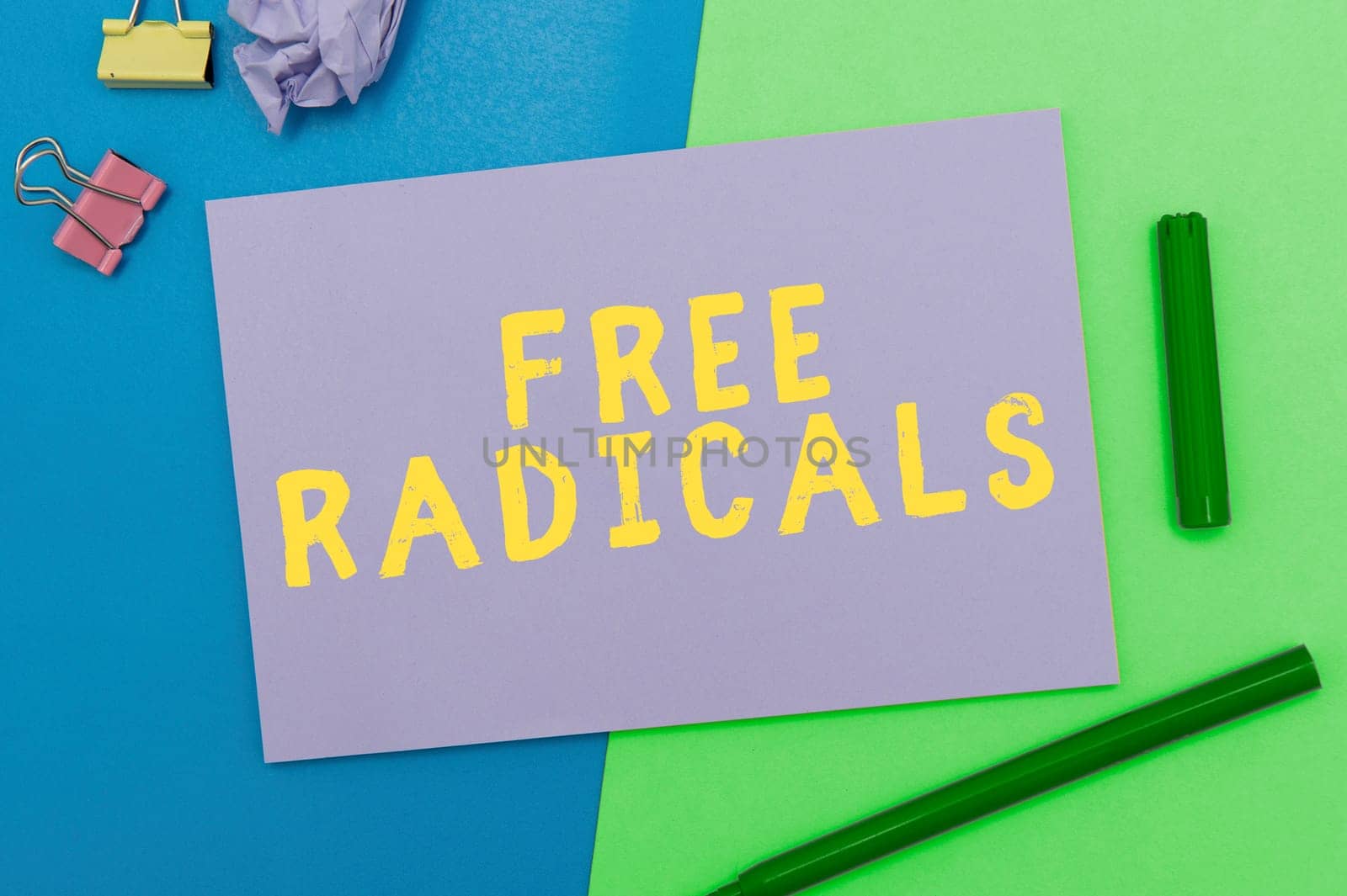 Hand writing sign Free Radicals, Word for produced in body by natural processes or introduced from tobacco smoke, toxins