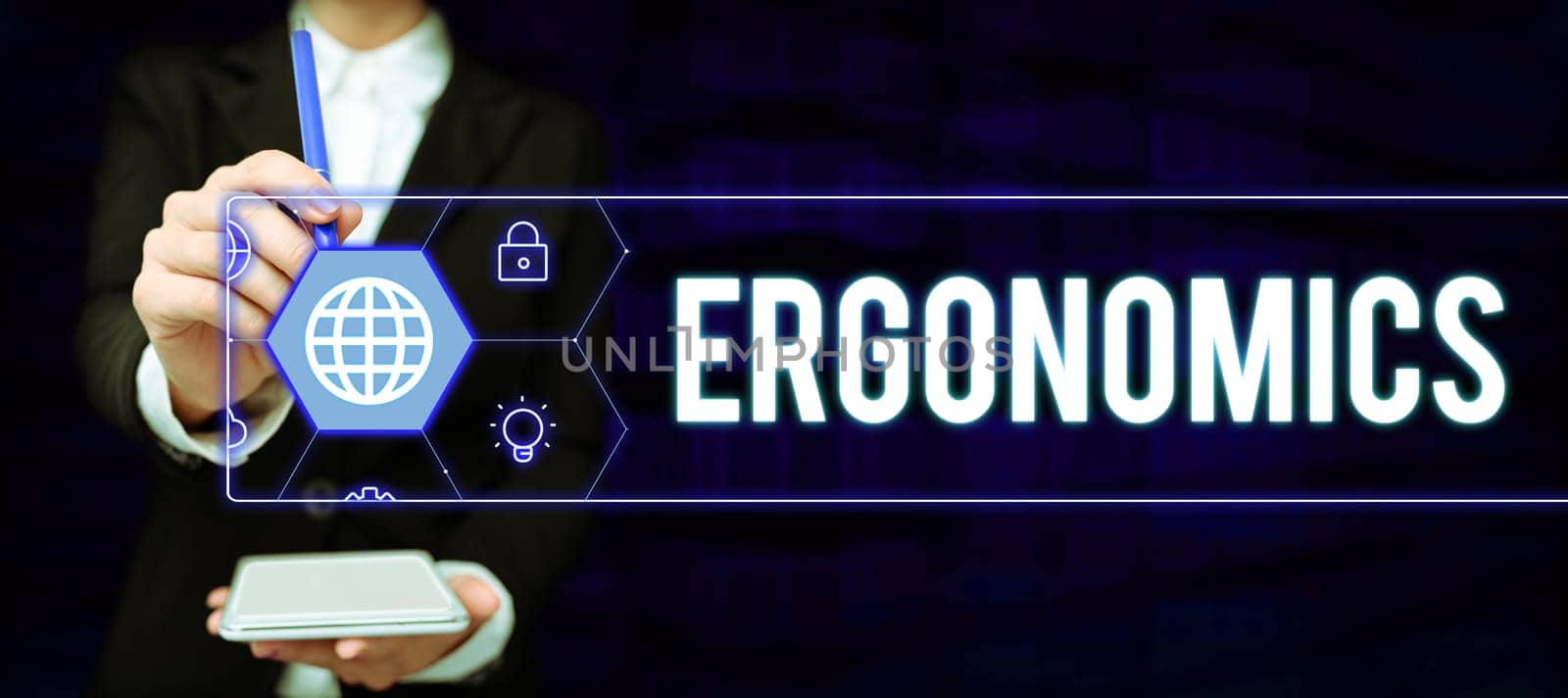 Text caption presenting Ergonomics, Word for fitting or designing a workplace to the user's needs