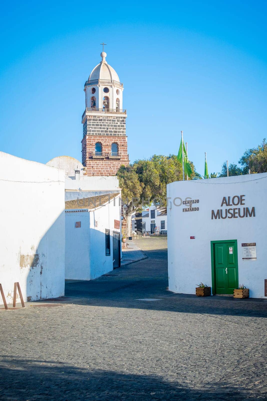 Teguise, Lanzarote, Spain, March 2023: Village view of Teguise in Lanzarote, one of the canary islands, with church and Aloe Museum