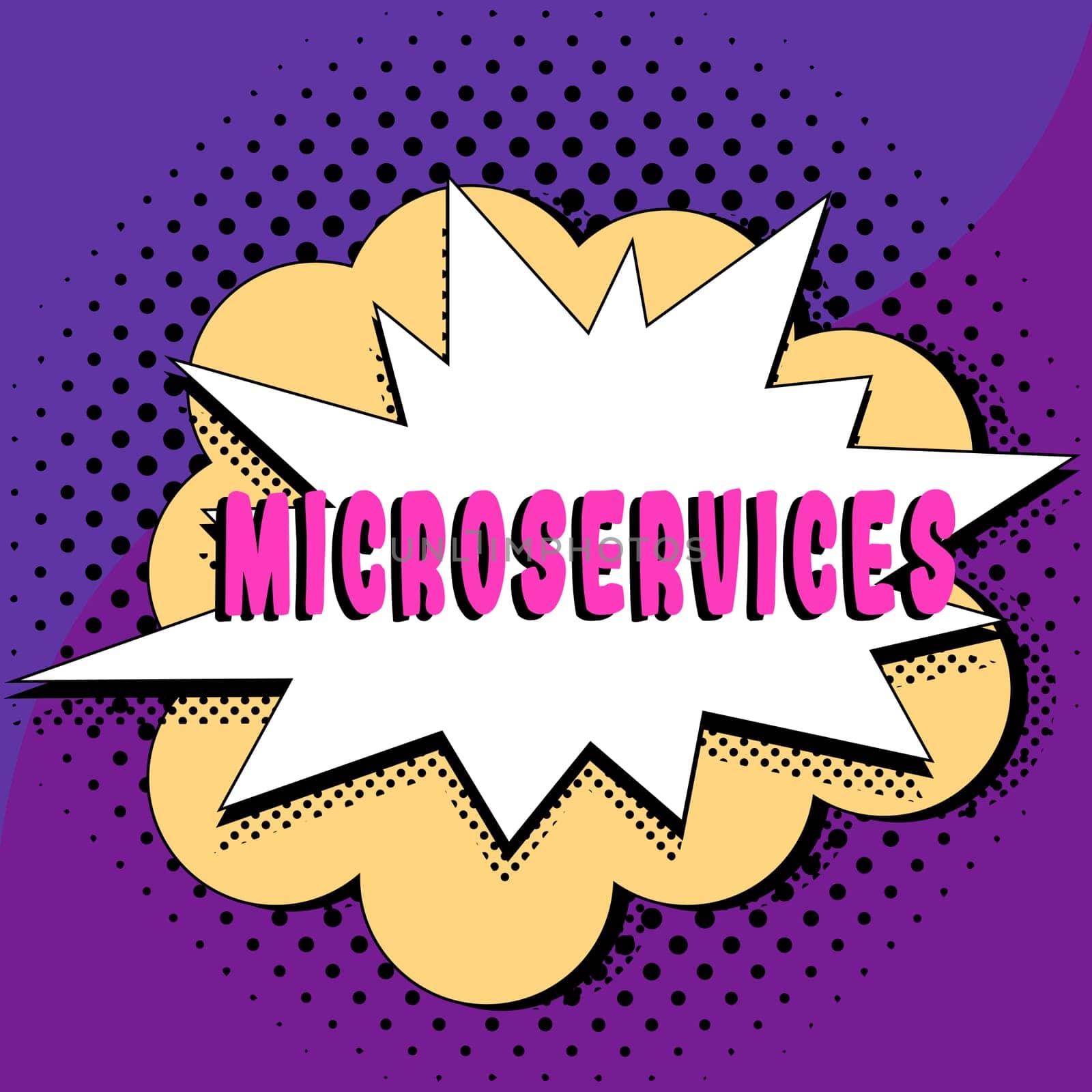 Text caption presenting Microservices, Word for Software development technique Building single function module