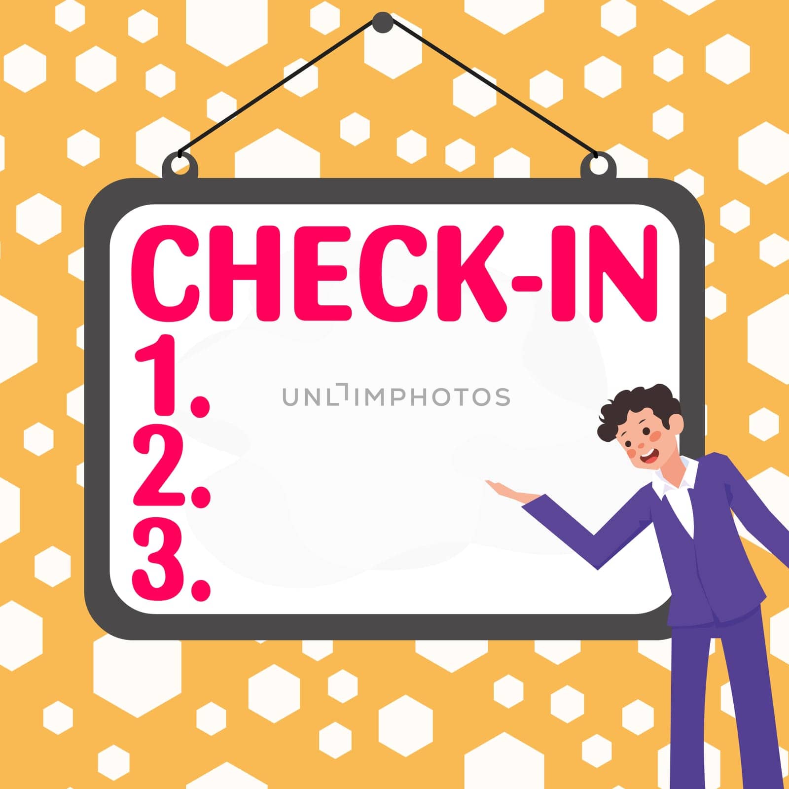 Text sign showing Check In, Business concept Procedure by which an airline or hotel formally registers the guest