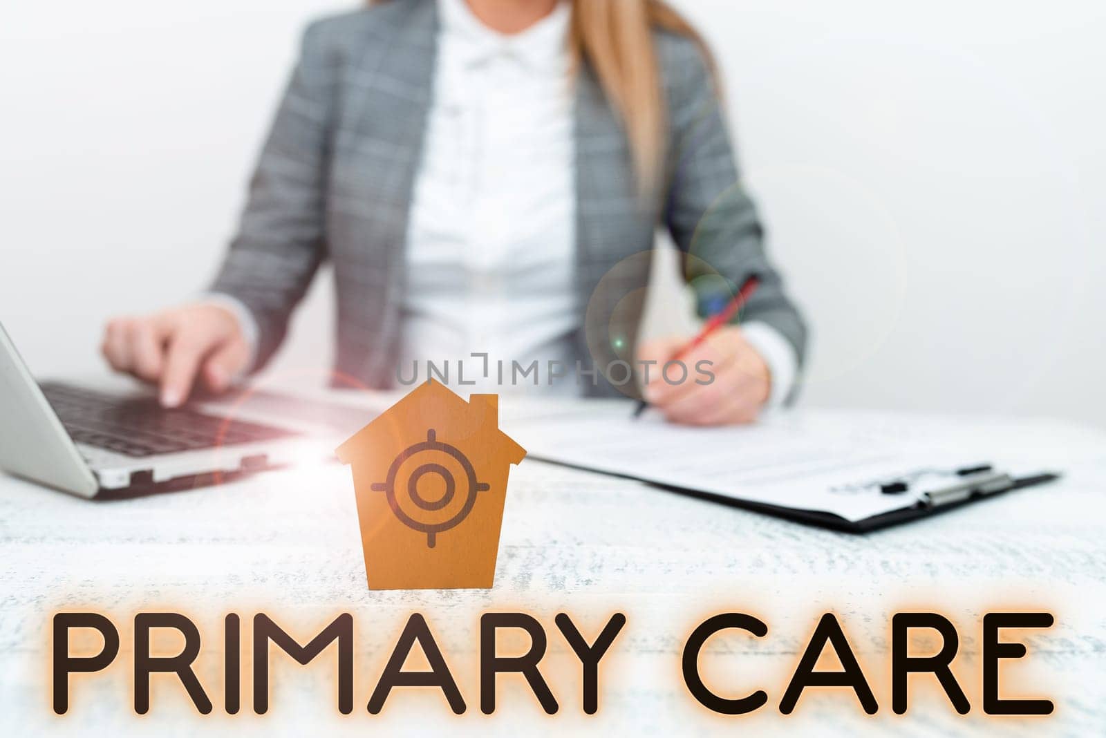 Text caption presenting Primary Care, Word Written on health care provided by medical practitioner, pediatrician, or nurse