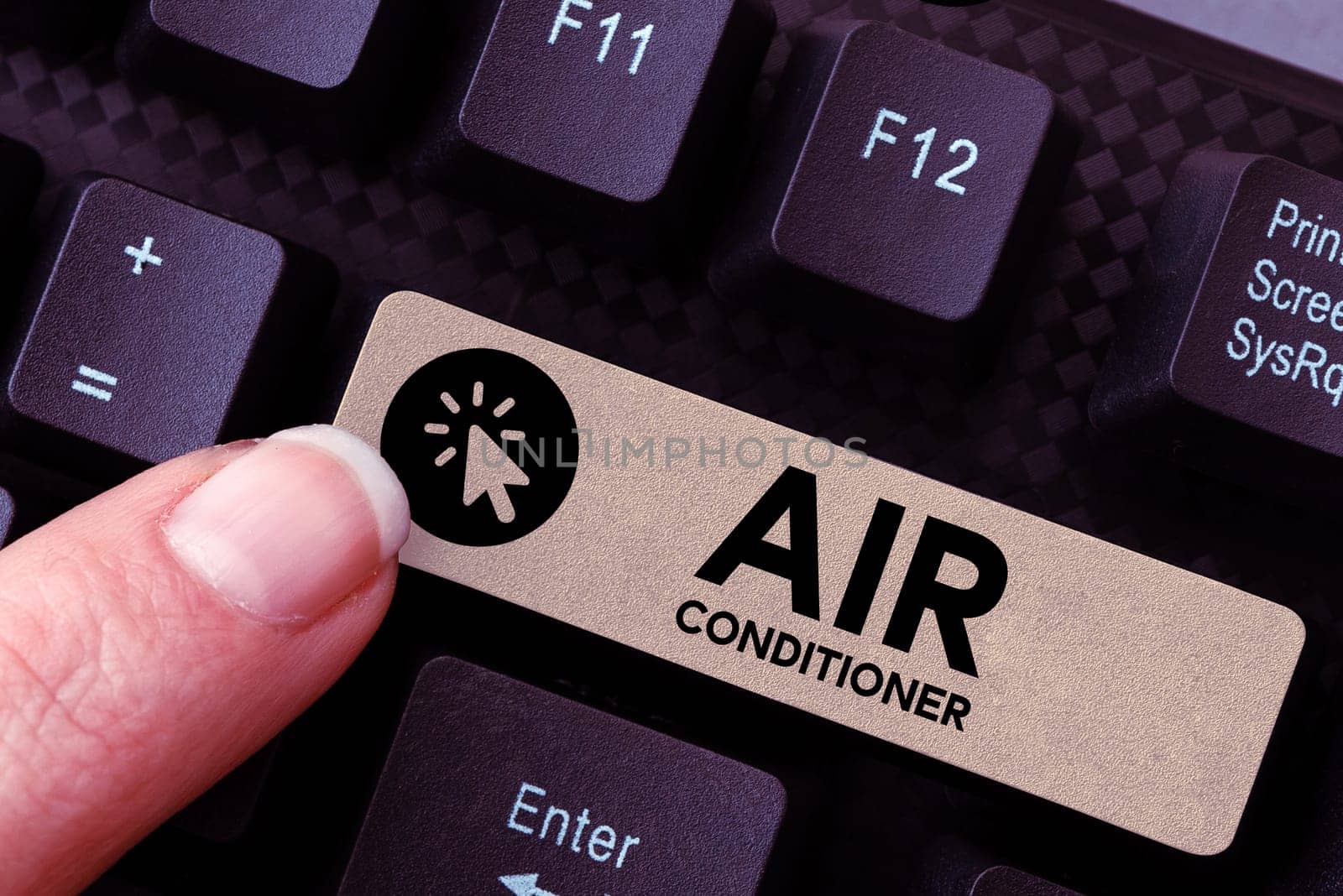 Text sign showing Air Conditioner, Business concept apparatus for washing air and controlling its humidity and temperature