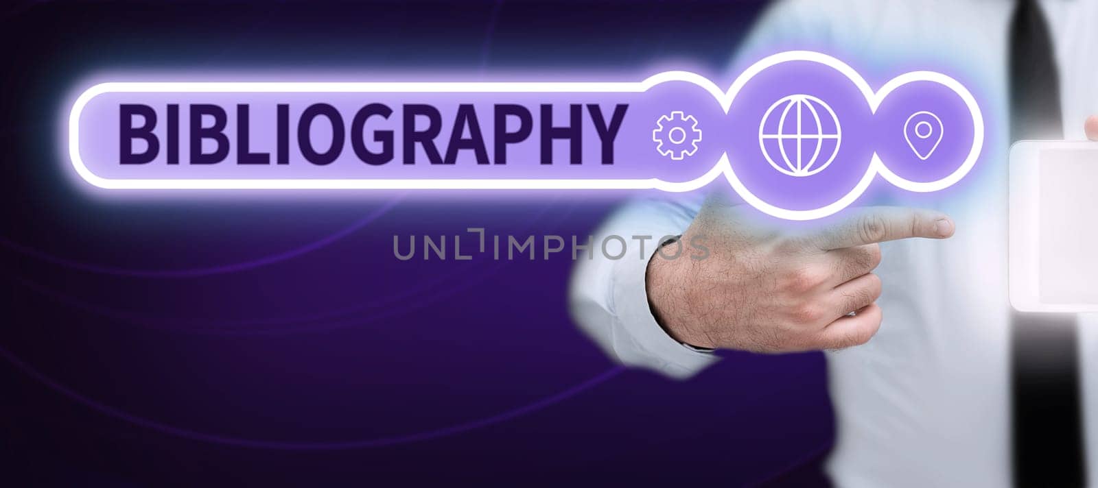 Sign displaying Bibliography, Internet Concept a list of writings relating to a particular subject, period, or author