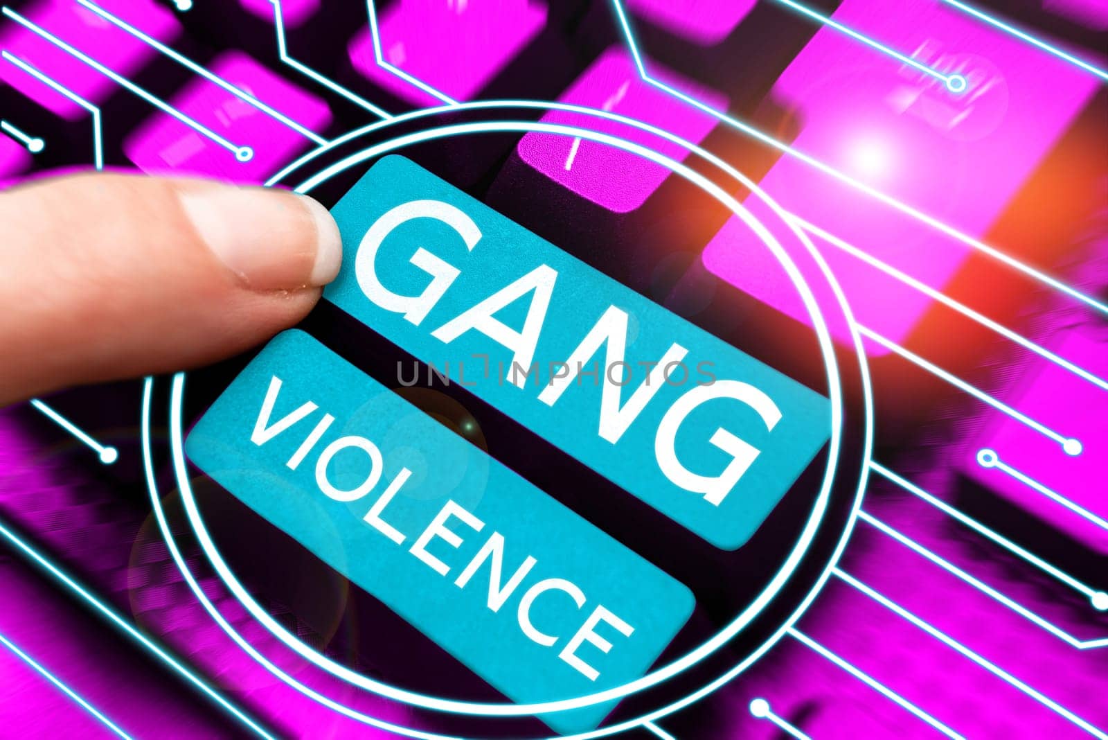 Text caption presenting Gang Violence, Business overview infringement of the laws caused by group of criminals and gangsters