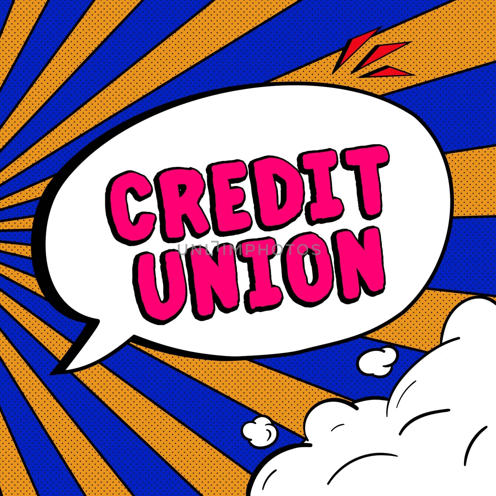 Sign displaying Credit Union, Word for cooperative association that makes small loans to members