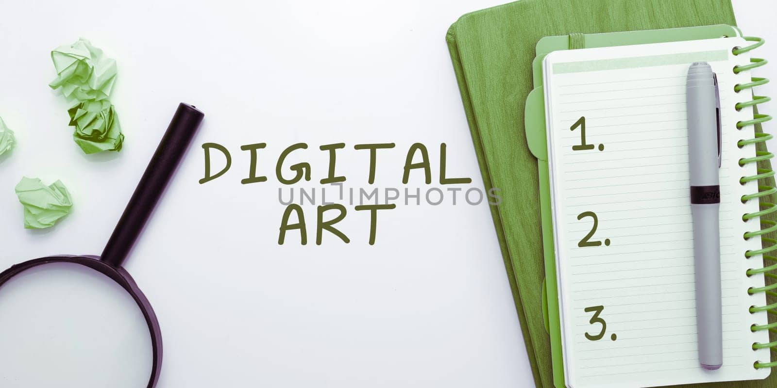 Text caption presenting Digital Art, Internet Concept use of skill and creative imagination characterized by computerized technology
