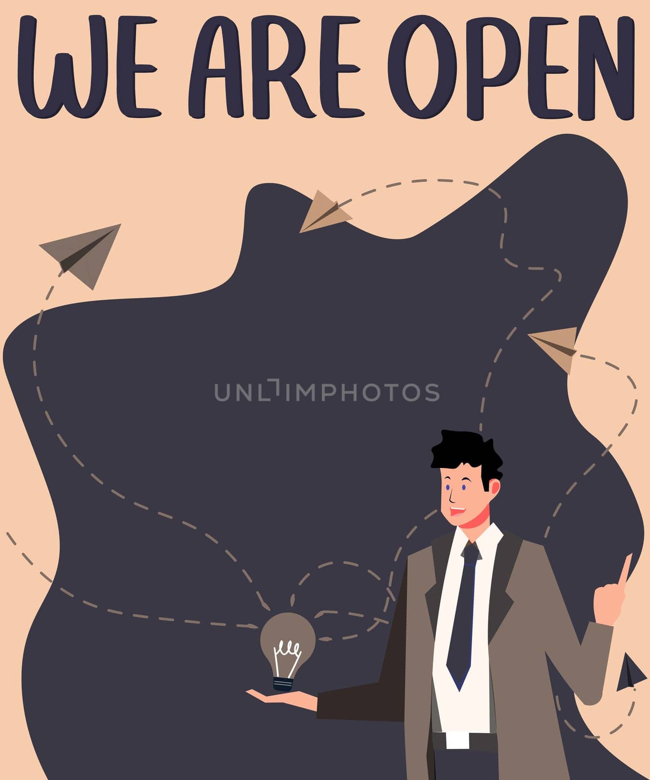 Conceptual caption We Are Open, Business approach no enclosing or confining barrier, accessible on all sides
