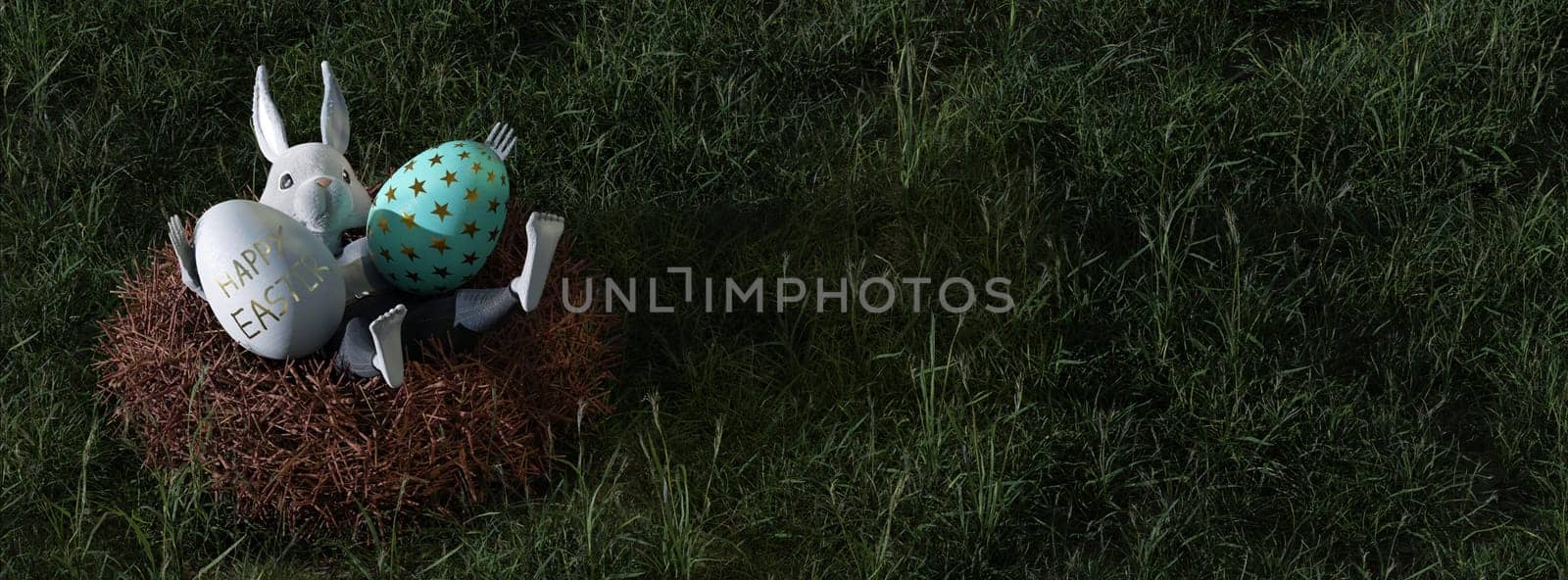 3D Illustration , Happy Easter greeting template or copy space. Cute cartoon rabbit on nest