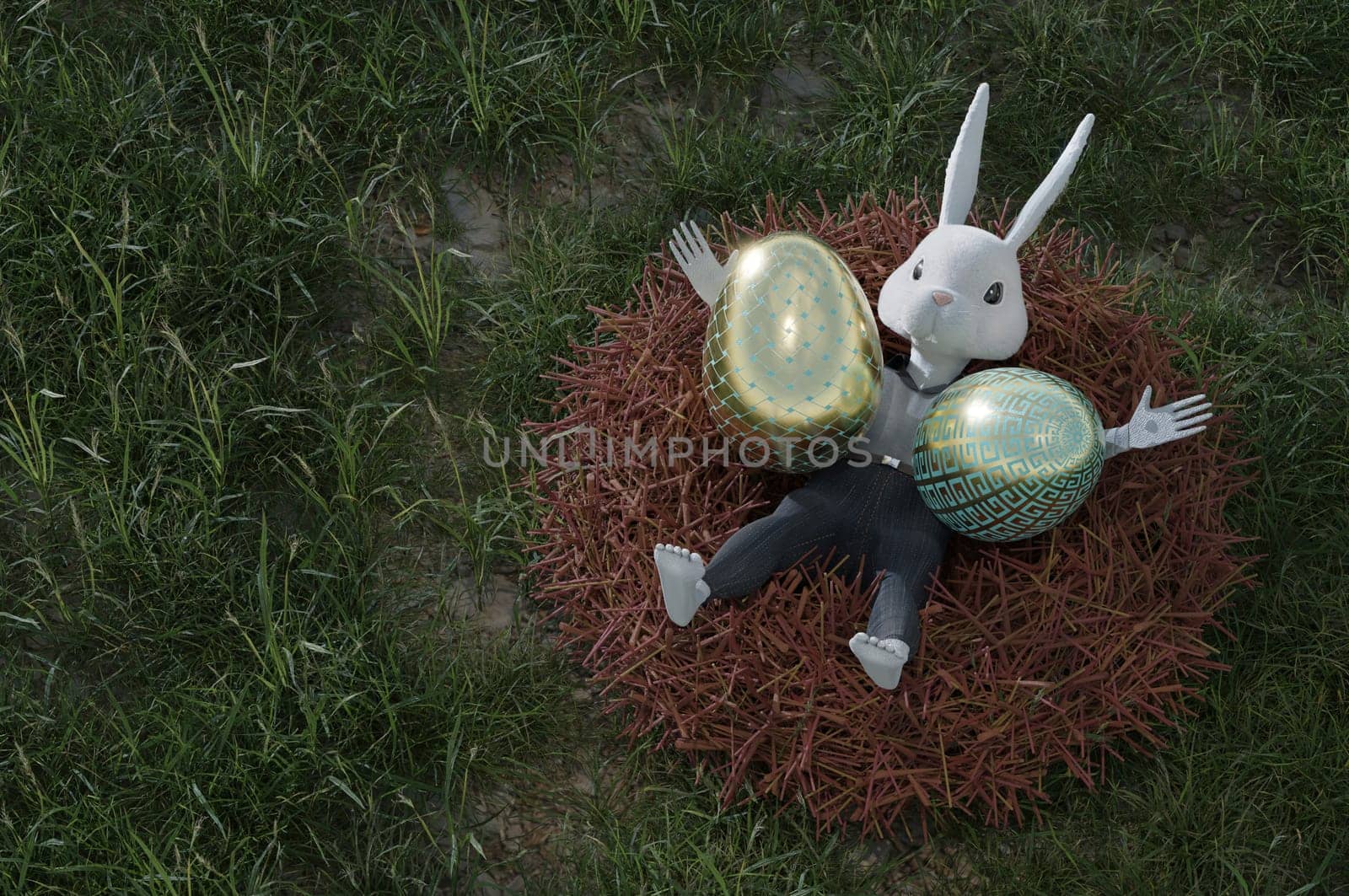 3D Illustration , Happy Easter greeting template or copy space. Cute cartoon rabbit on nest