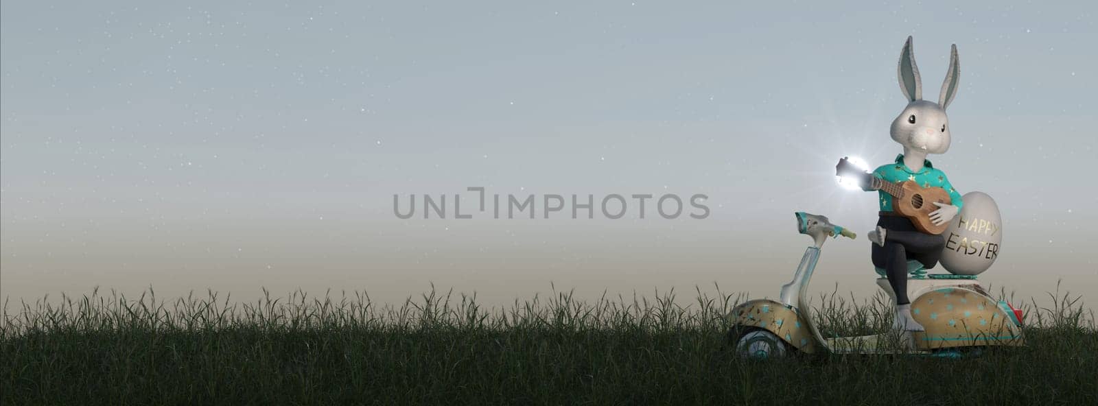 3D Illustration , Happy Easter greeting template or copy space. Cute cartoon rabbit with sit scooter delivering Easter eggs