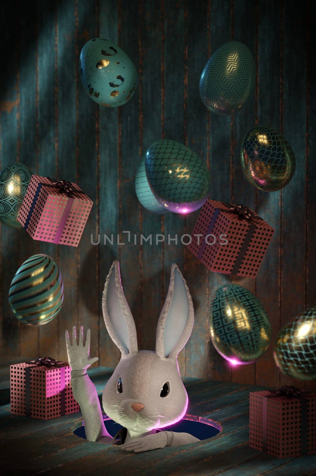3D Illustration , Happy Easter greeting template or copy space. Cute cartoon rabbit in hole