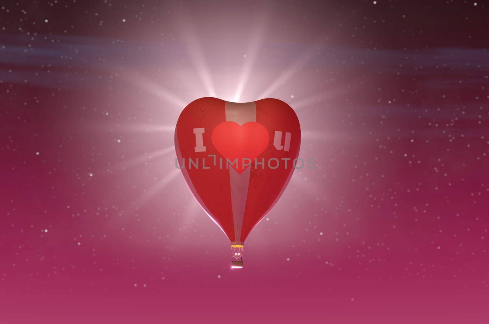 Pink red Heart shaped hot air balloon with stripes.  space for text