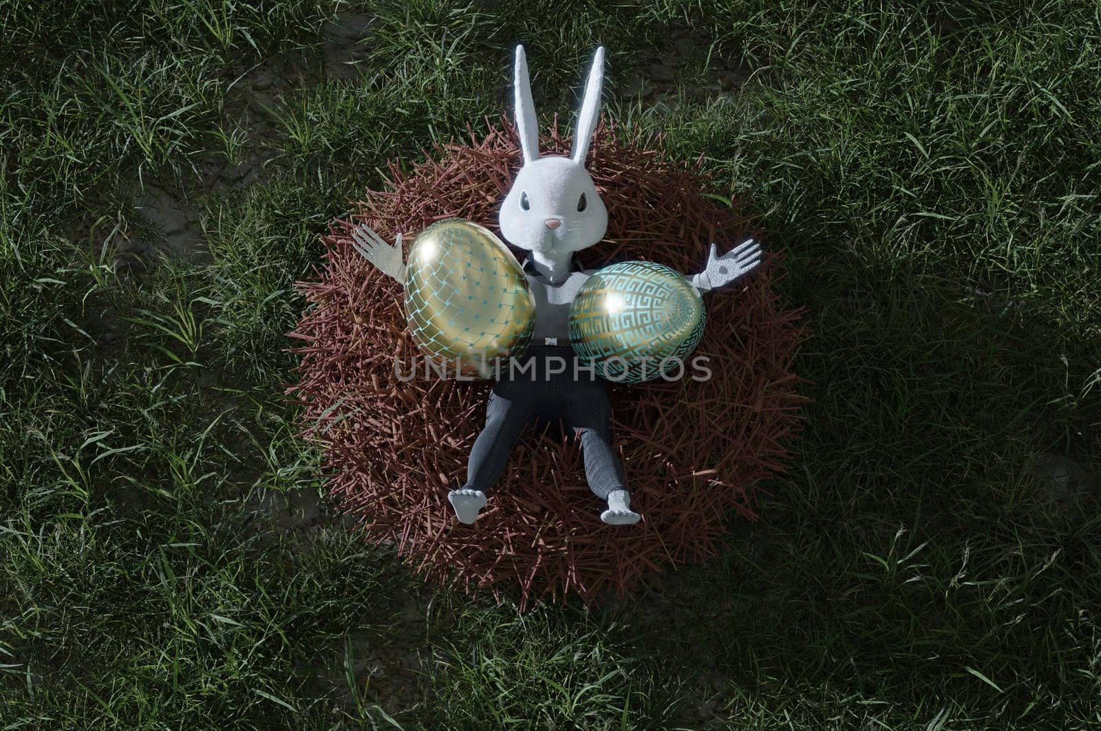 3D Illustration , Happy Easter greeting template or copy space. Cute cartoon rabbit on nest