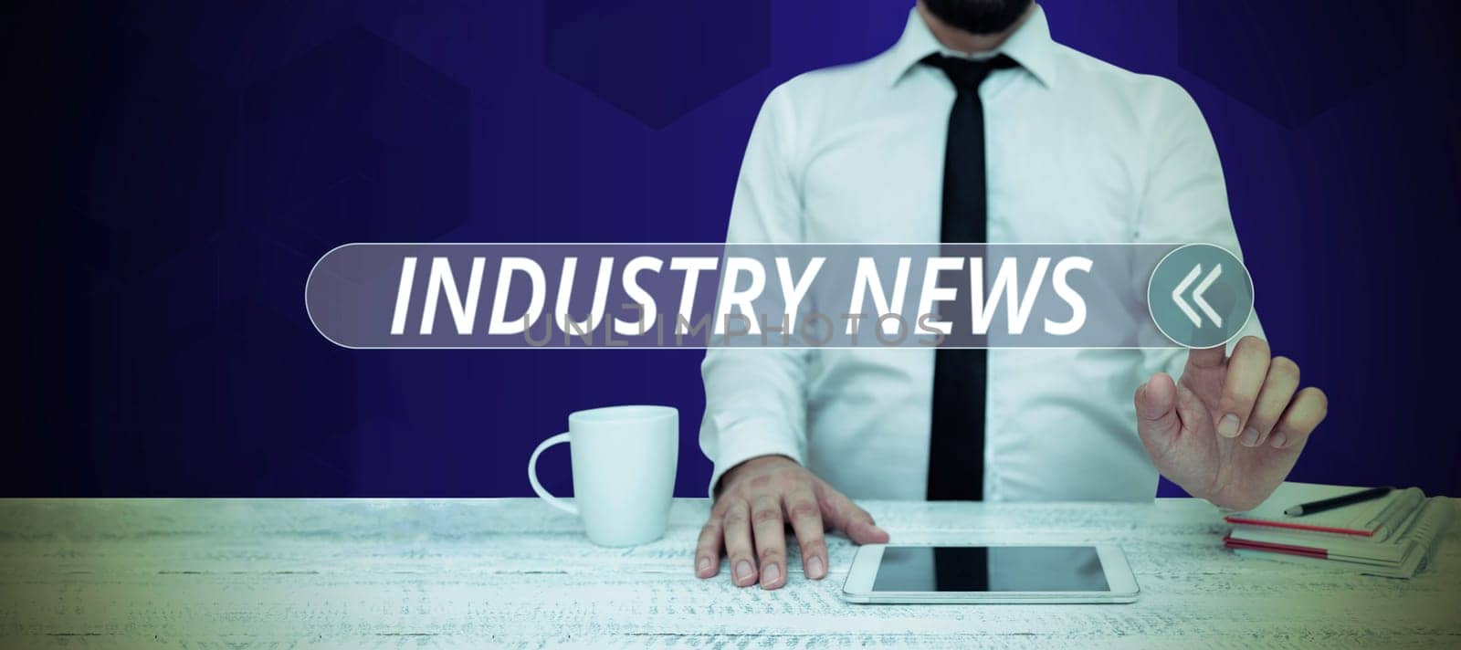Hand writing sign Industry News, Concept meaning Technical Market Report Manufacturing Trade Builder