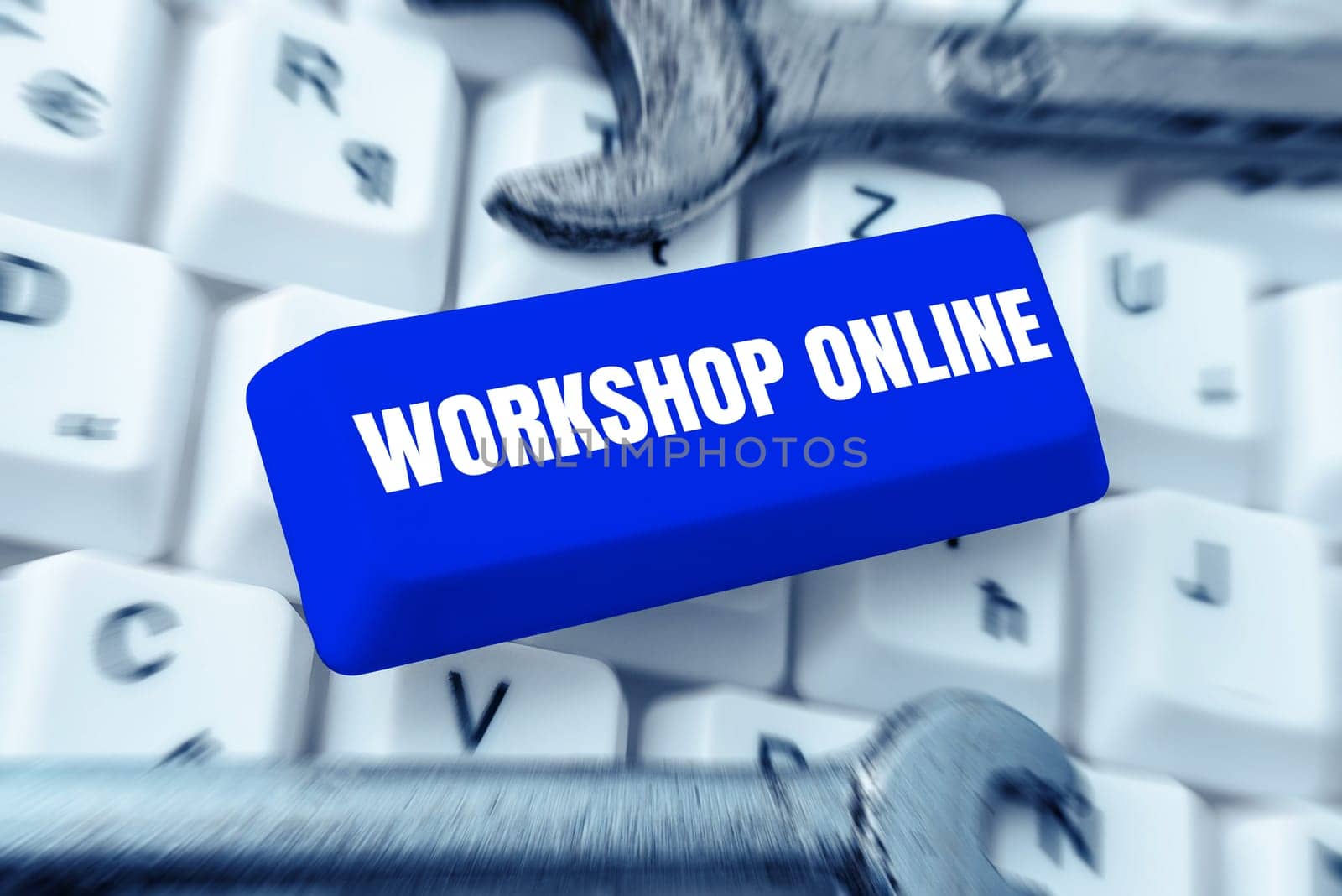 Conceptual display Workshop Online, Business idea room or building in which goods are manufactured repaired